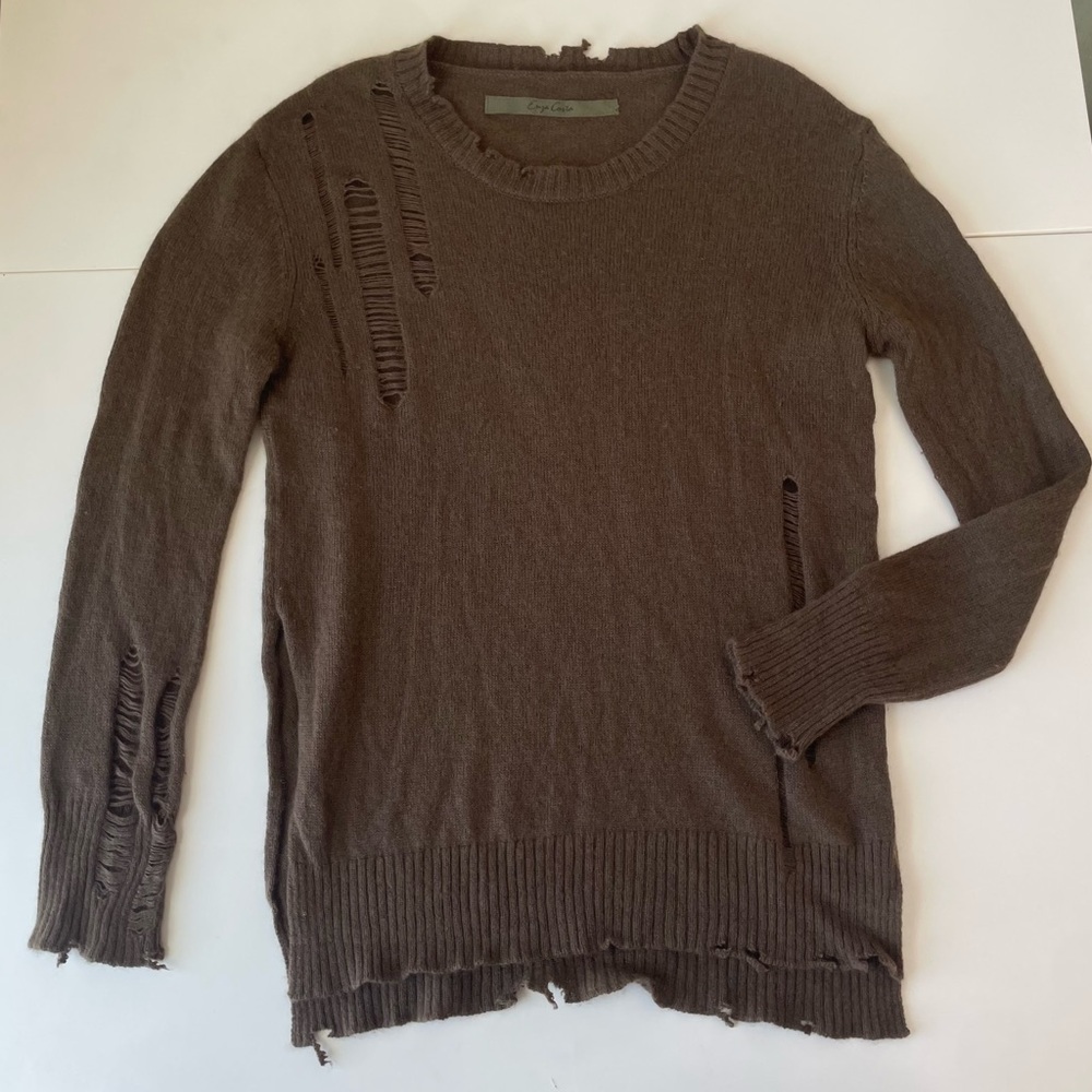 Enza Costa Cashmere Wool distressed women’s sweater small brown loose knit torn - Picture 4 of 10